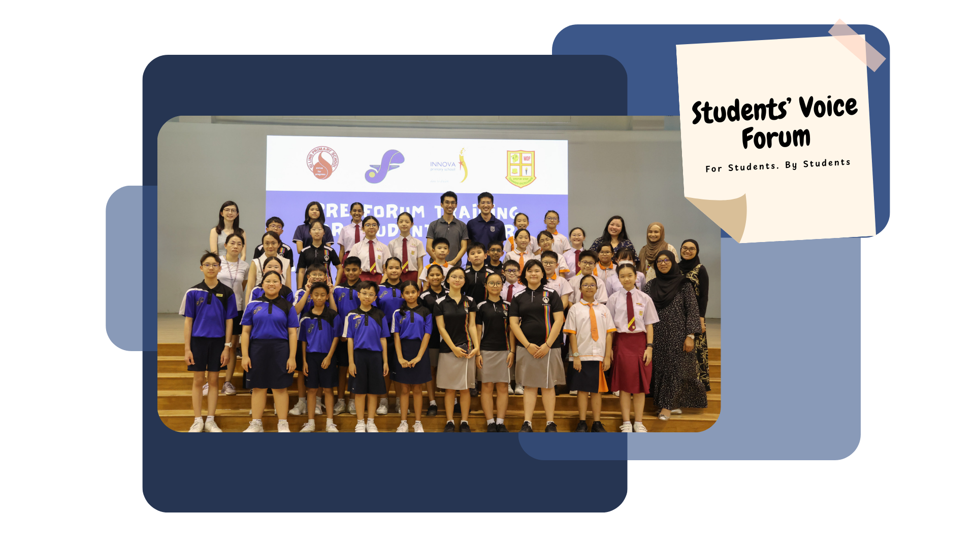 A group photo of students and teachers from multiple schools in different uniforms posing together on a hall stage at the Students' Voice Forum Pre-Forum Training for Student Leaders, with school logos displayed on a screen behind them. A sticky note graphic in the top right corner reads 'Students' Voice Forum — For Students. By Students.